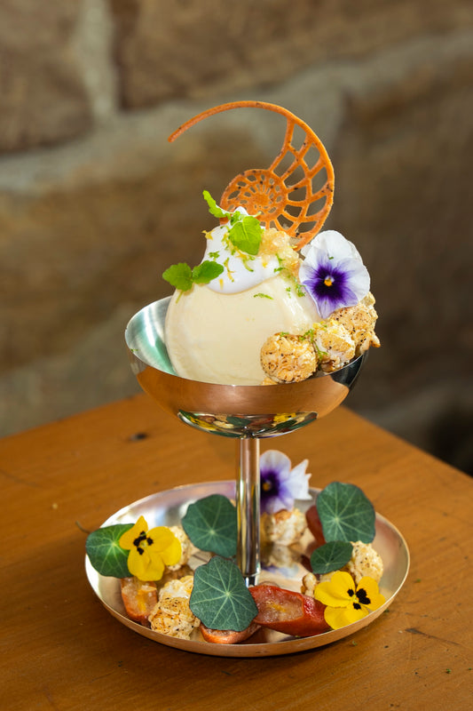 EUCA Lemon & Lime Verbena Sorbet served with coconut cream and native Australian ingredients