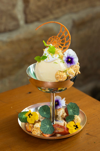 EUCA Lemon & Lime Verbena Sorbet served with coconut cream and native Australian ingredients