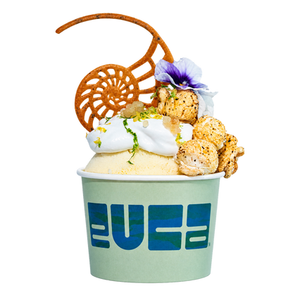 EUCA Lemon & Lime Verbena Sorbet with coconut cream, wattleseed popcorn and finger lime