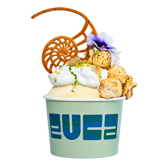 EUCA Lemon & Lime Verbena Sorbet with coconut cream, wattleseed popcorn and finger lime
