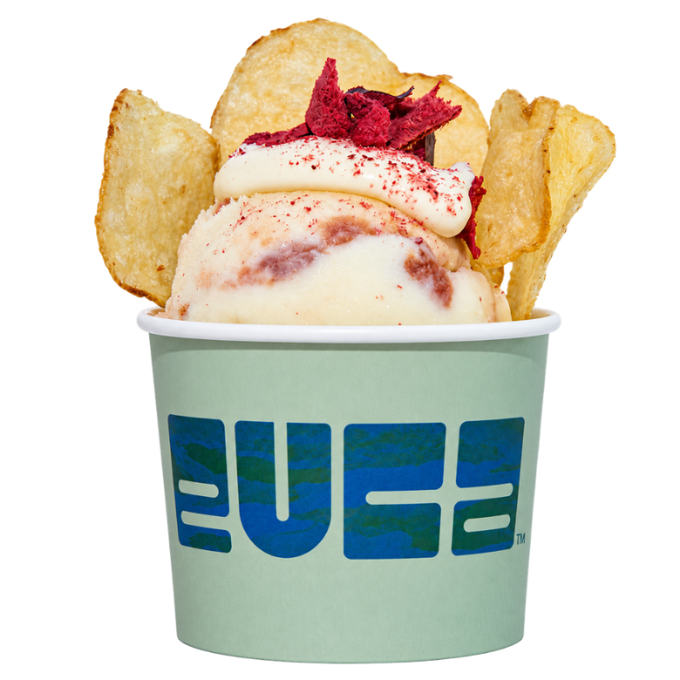 EUCA Fior di Latte with Ketchup Sorbet Swirl, mayo cream, Davidson plum and potato crisps