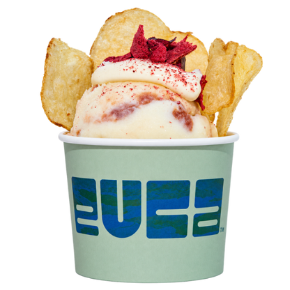 EUCA Fior di Latte with Ketchup Sorbet Swirl, mayo cream, Davidson plum and potato crisps