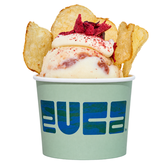 EUCA Fior di Latte with Ketchup Sorbet Swirl, mayo cream, Davidson plum and potato crisps