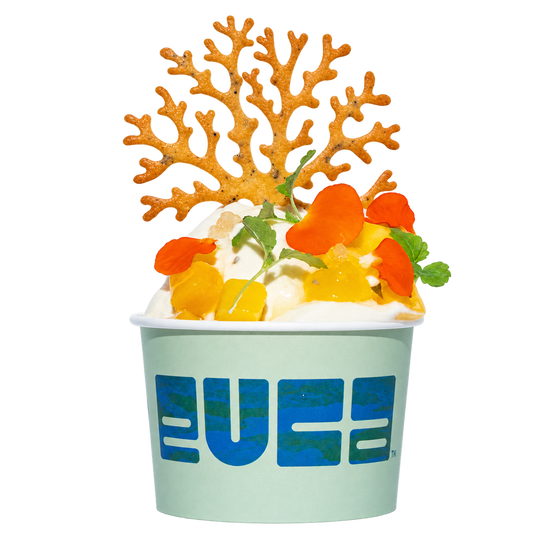 EUCA Yakult Sherbet with cream cheese foam, mango and Australian native saltbush